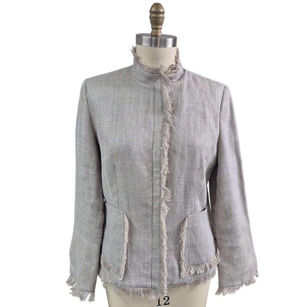 Harve Benard by Benard Holtzman Beige Linen Jacket Eyelash Fringe Trim M/L